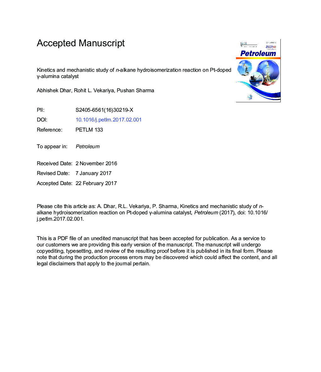 Kinetics and mechanistic study of n-alkane hydroisomerization reaction on Pt-doped Î³-alumina catalyst