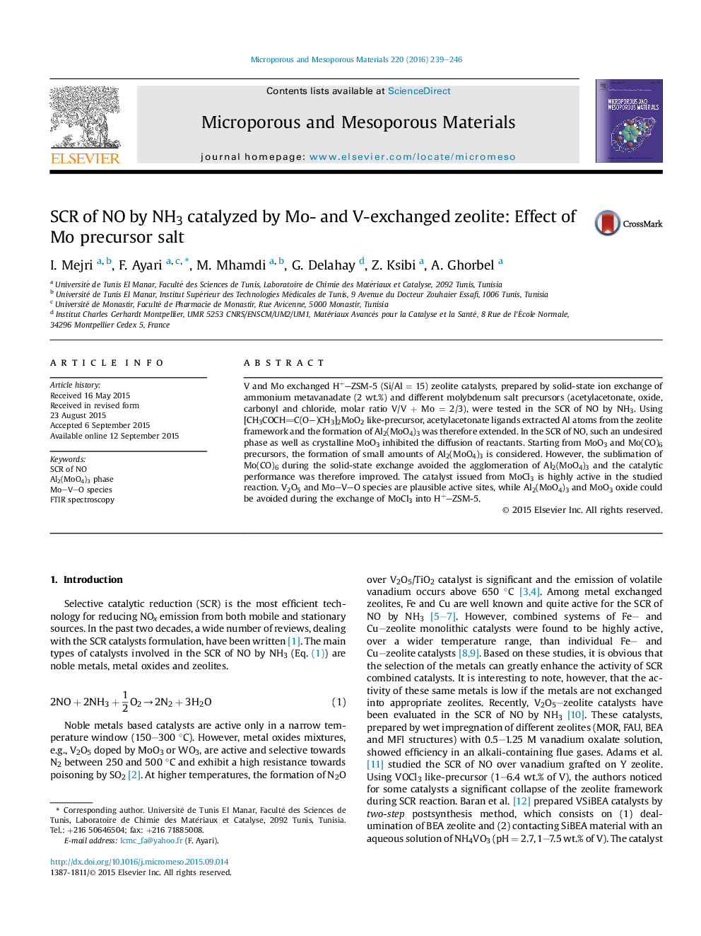 SCR of NO by NH3 catalyzed by Mo- and V-exchanged zeolite: Effect of Mo precursor salt