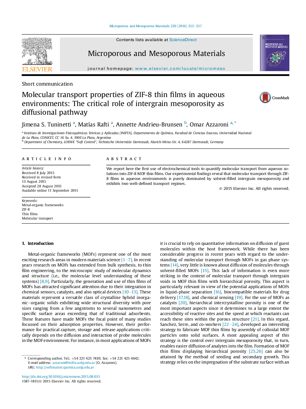 خواص حمل و نقل مولکولی ZIF-8 لایه های نازک در محیط های آبی: نقش حیاتی mesoporosity intergrain به عنوان مسیر نفوذی