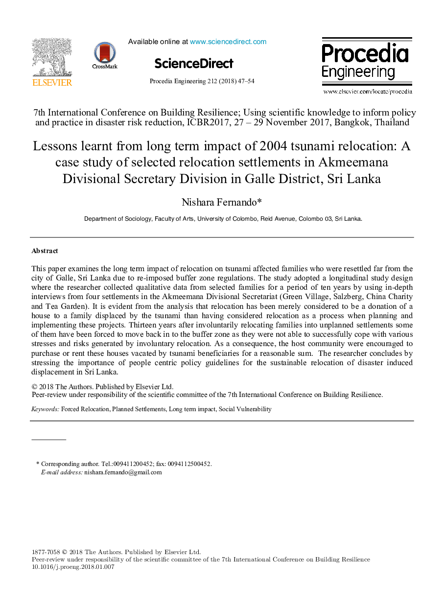 Lessons learnt from long term impact of 2004 tsunami relocation: A case study of selected relocation settlements in Akmeemana Divisional Secretary Division in Galle District, Sri Lanka