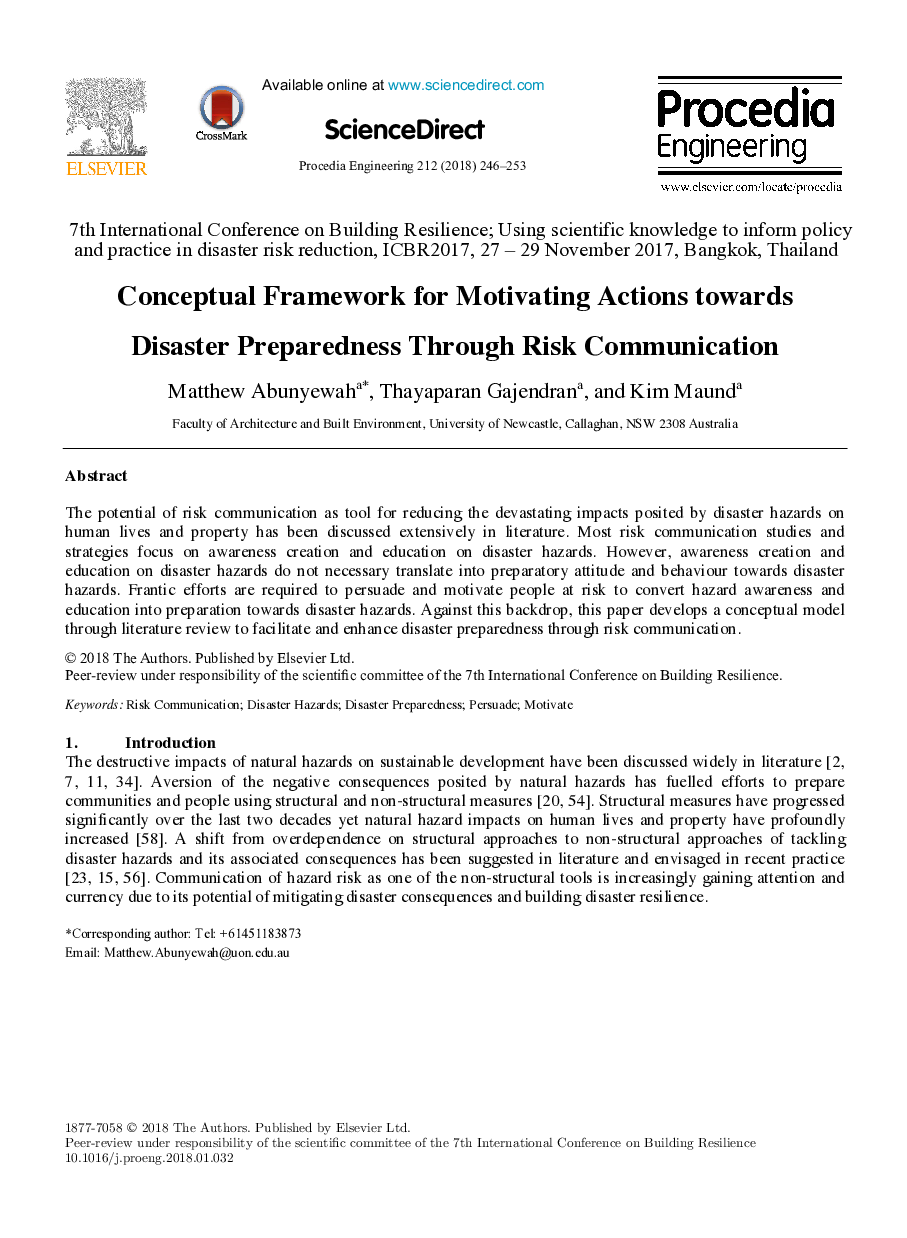 Conceptual Framework for Motivating Actions towards Disaster Preparedness Through Risk Communication