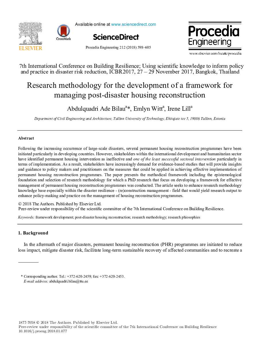 Research methodology for the development of a framework for managing post-disaster housing reconstruction