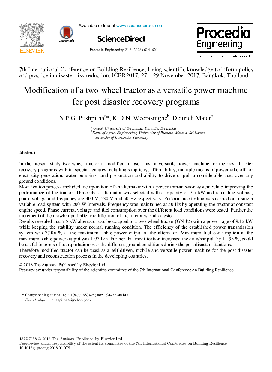 Modification of a two-wheel tractor as a versatile power machine for post disaster recovery programs