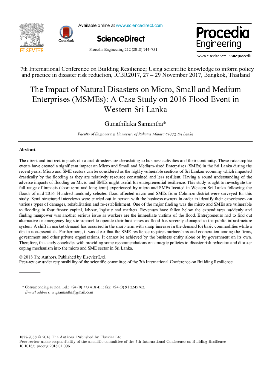 The Impact of Natural Disasters on Micro, Small and Medium Enterprises (MSMEs): A Case Study on 2016 Flood Event in Western Sri Lanka