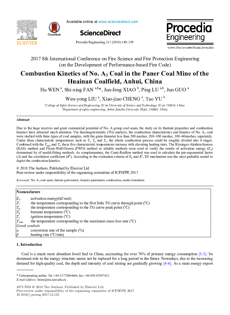 Combustion Kinetics of No. A3 Coal in the Paner Coal Mine of the Huainan Coalfield, Anhui, China