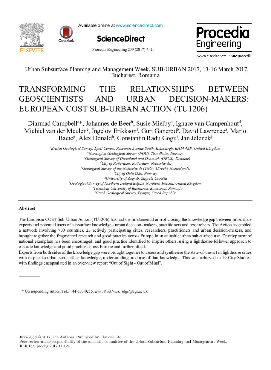Transforming The Relationships Between Geoscientists and Urban Decision-Makers: European Cost Sub-Urban Action (TU1206)