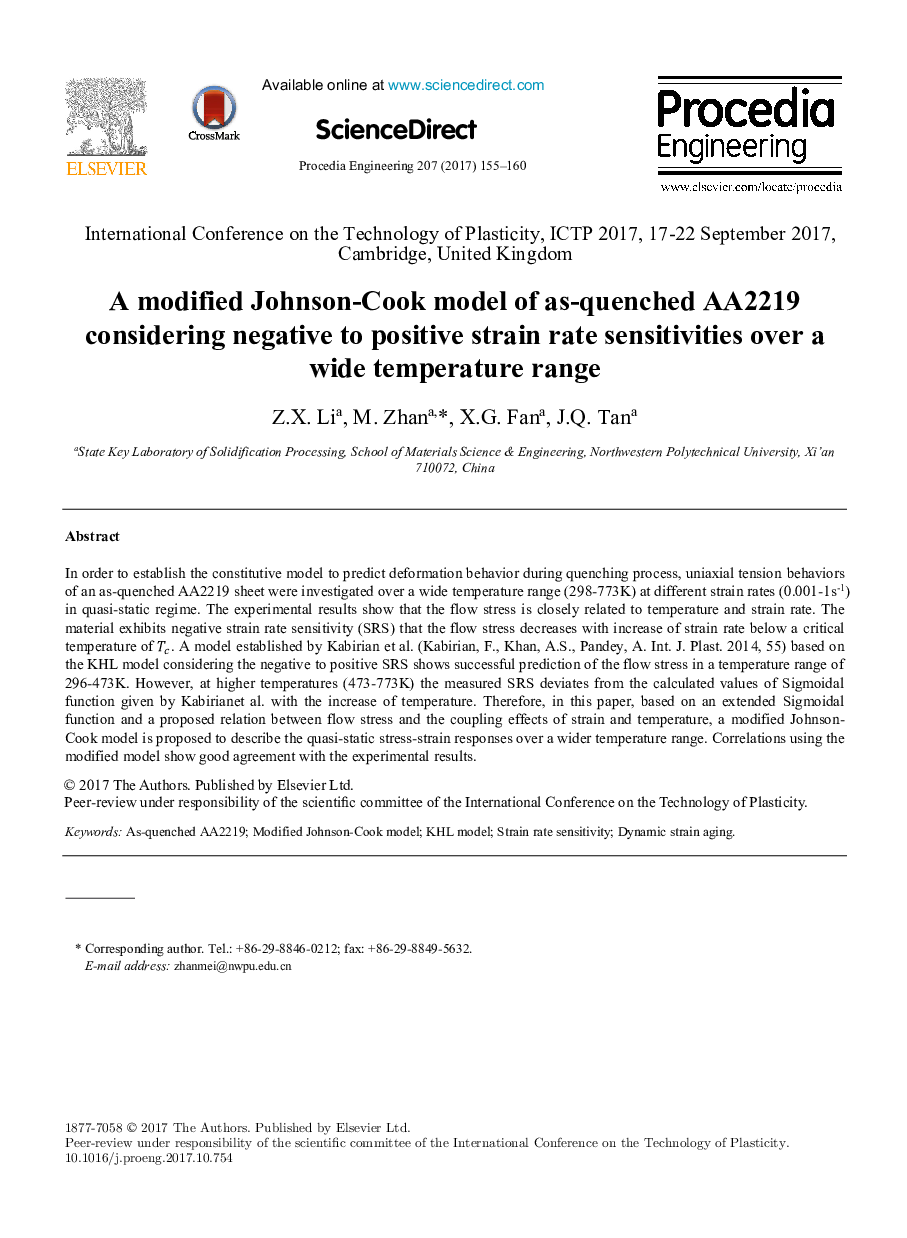 A modified Johnson-Cook model of as-quenched AA2219 considering negative to positive strain rate sensitivities over a wide temperature range