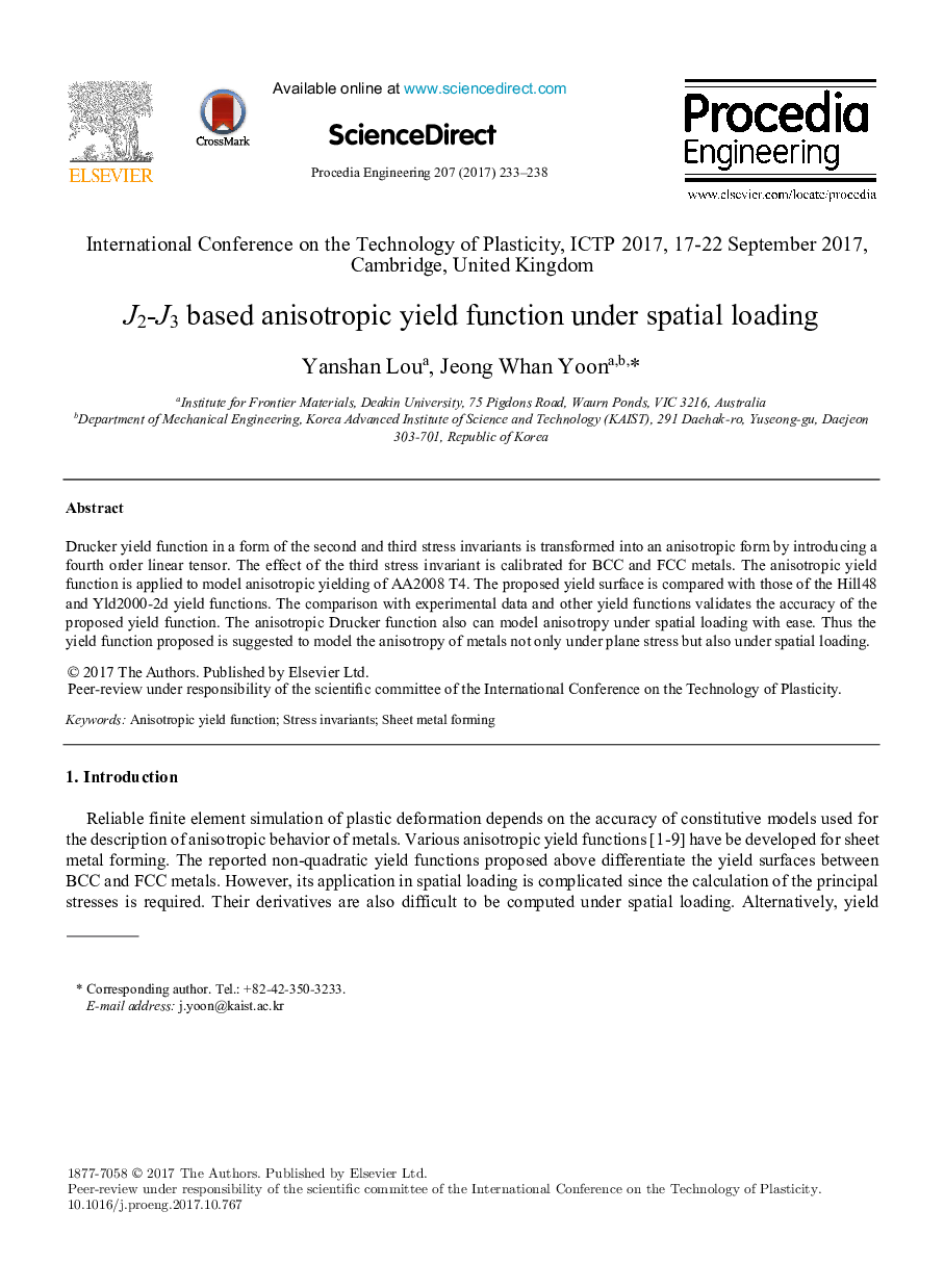 J2-J3 based anisotropic yield function under spatial loading