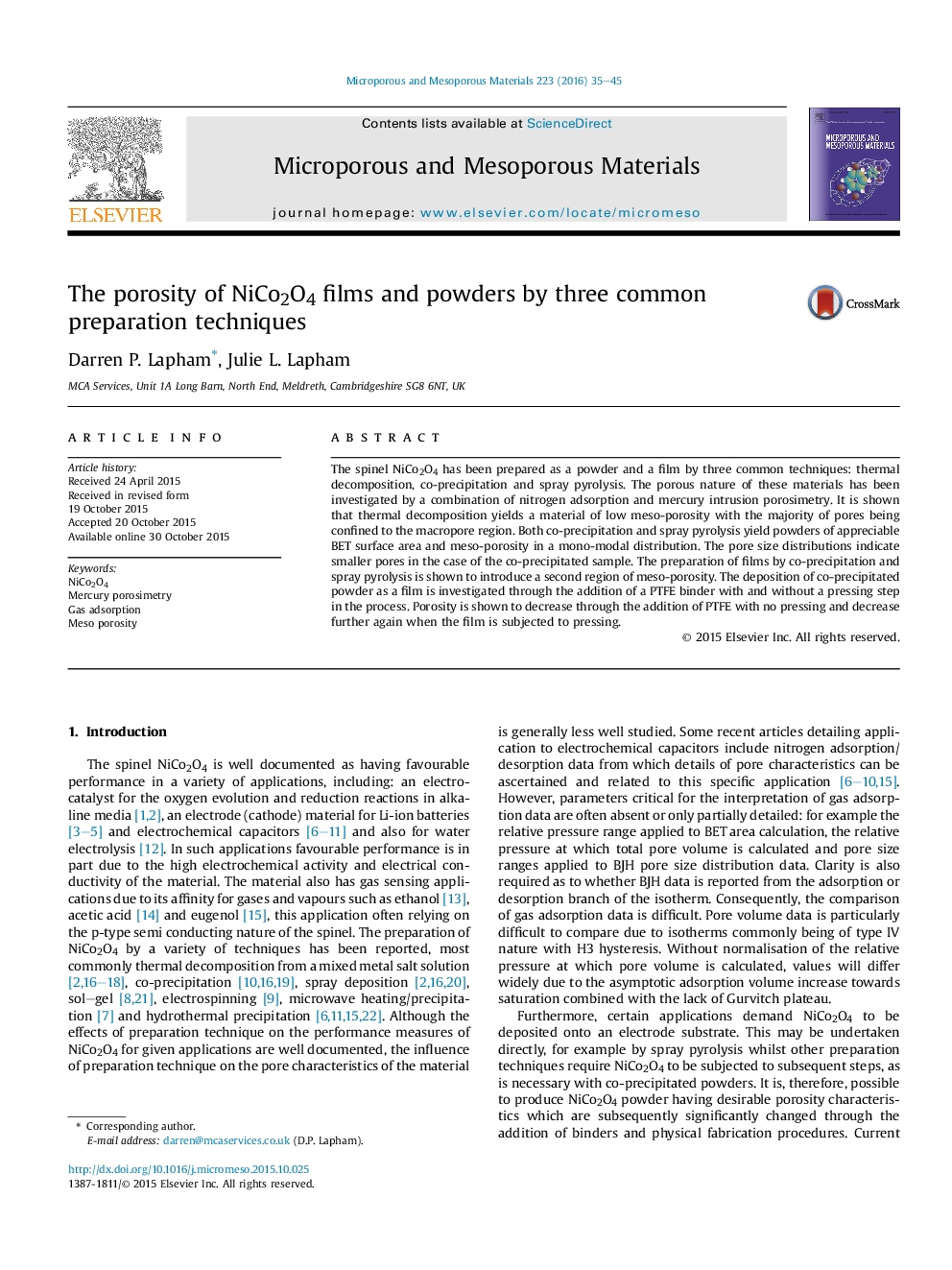 عکس صفحه اول مقاله: The porosity of NiCo2O4 films and powders by three common preparation techniques The porosity of NiCo2O4 films and powders by three common preparation techniques