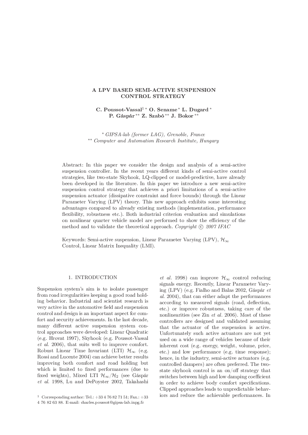 A LPV BASED SEMI-ACTIVE SUSPENSION CONTROL STRATEGY