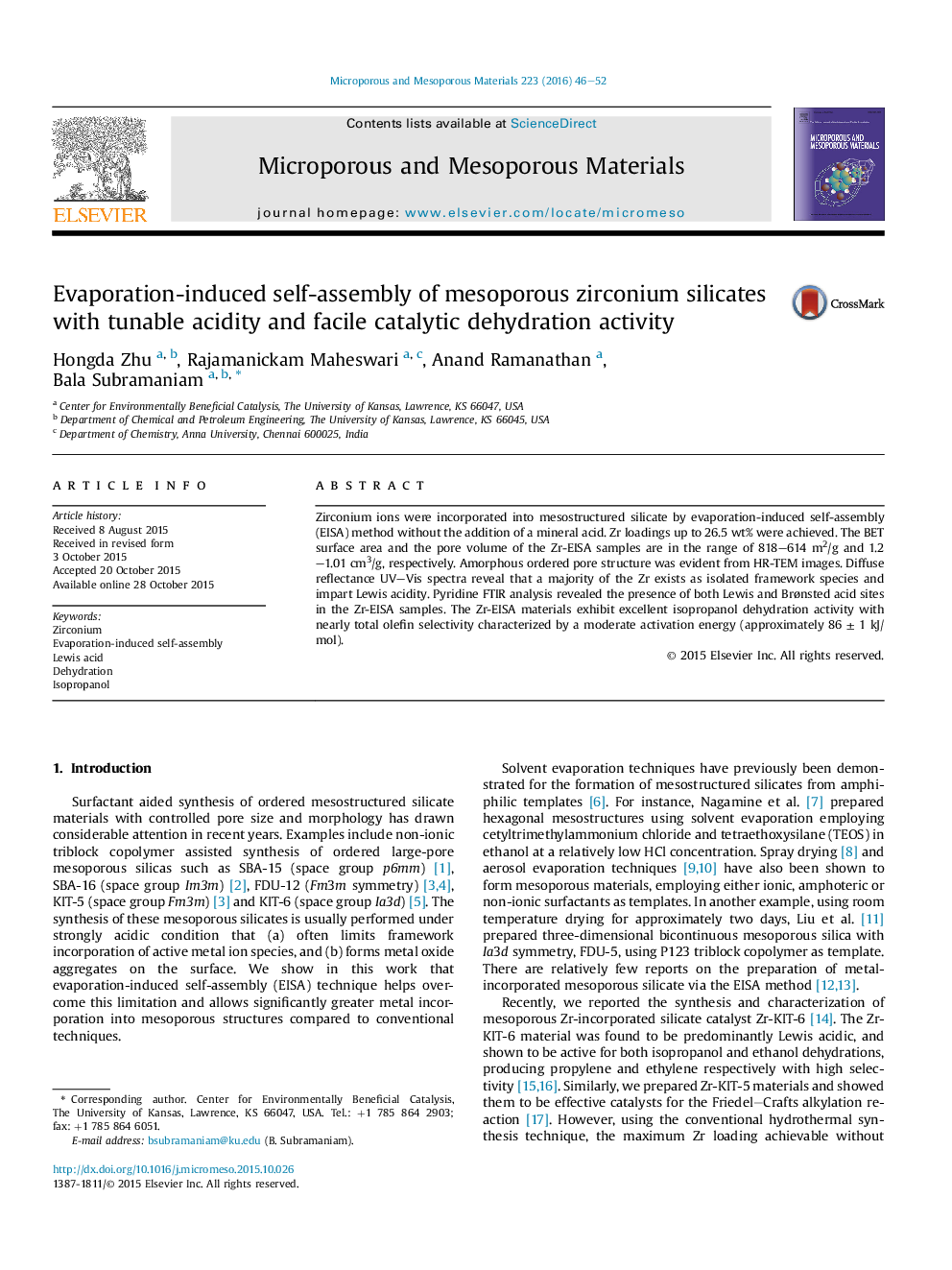 عکس صفحه اول مقاله: Evaporation-induced self-assembly of mesoporous zirconium silicates with tunable acidity and facile catalytic dehydration activity Evaporation-induced self-assembly of mesoporous zirconium silicates with tunable acidity and facile catalytic dehydration activity
