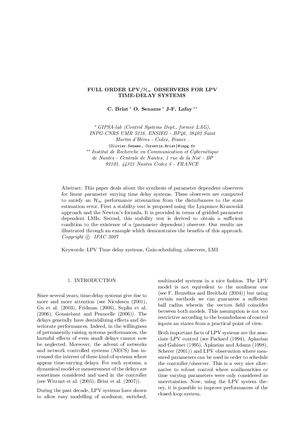 FULL ORDER LPV/H∞ OBSERVERS FOR LPV TIME-DELAY SYSTEMS
