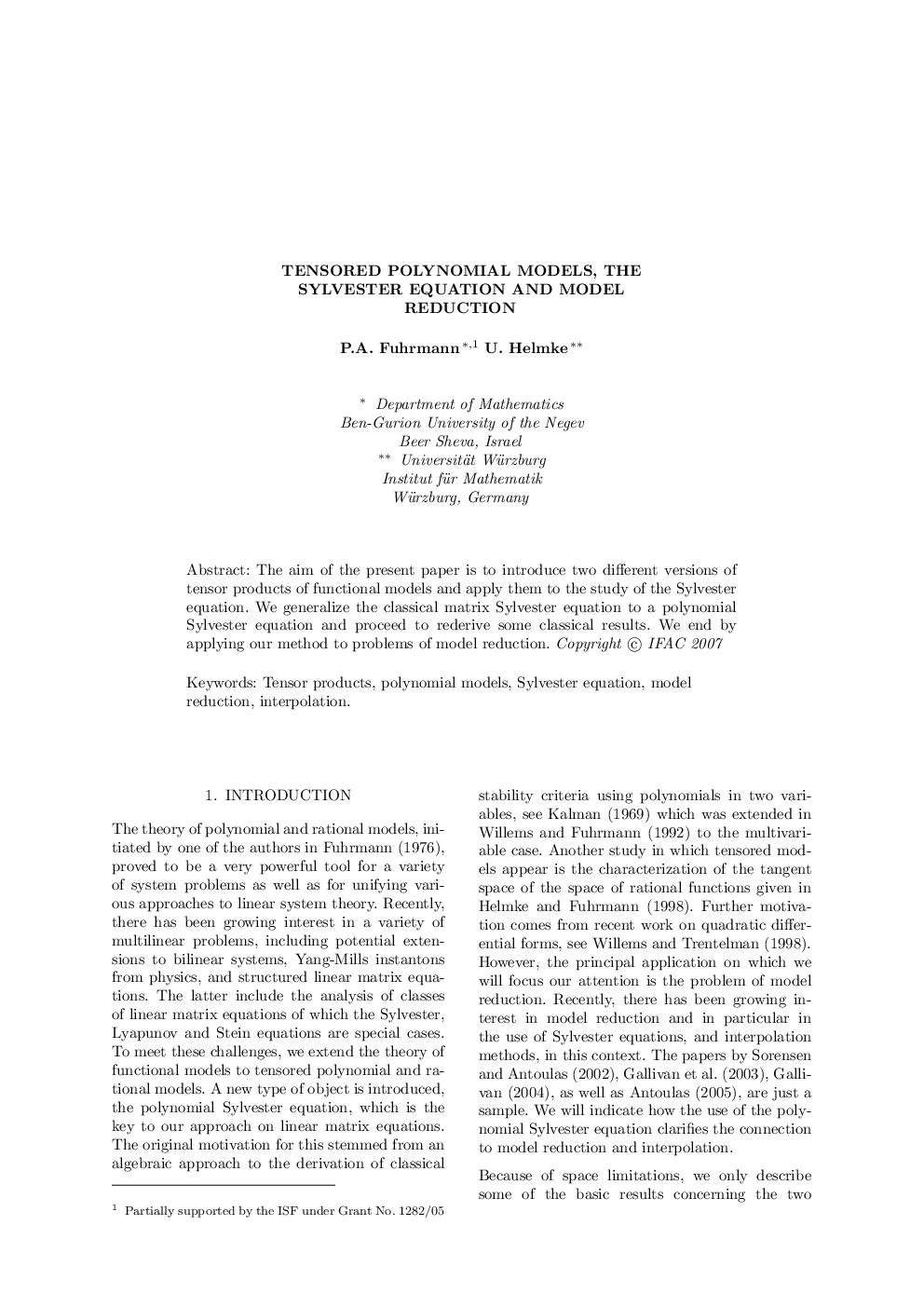 TENSORED POLYNOMIAL MODELS, THE SYLVESTER EQUATION AND MODEL REDUCTION