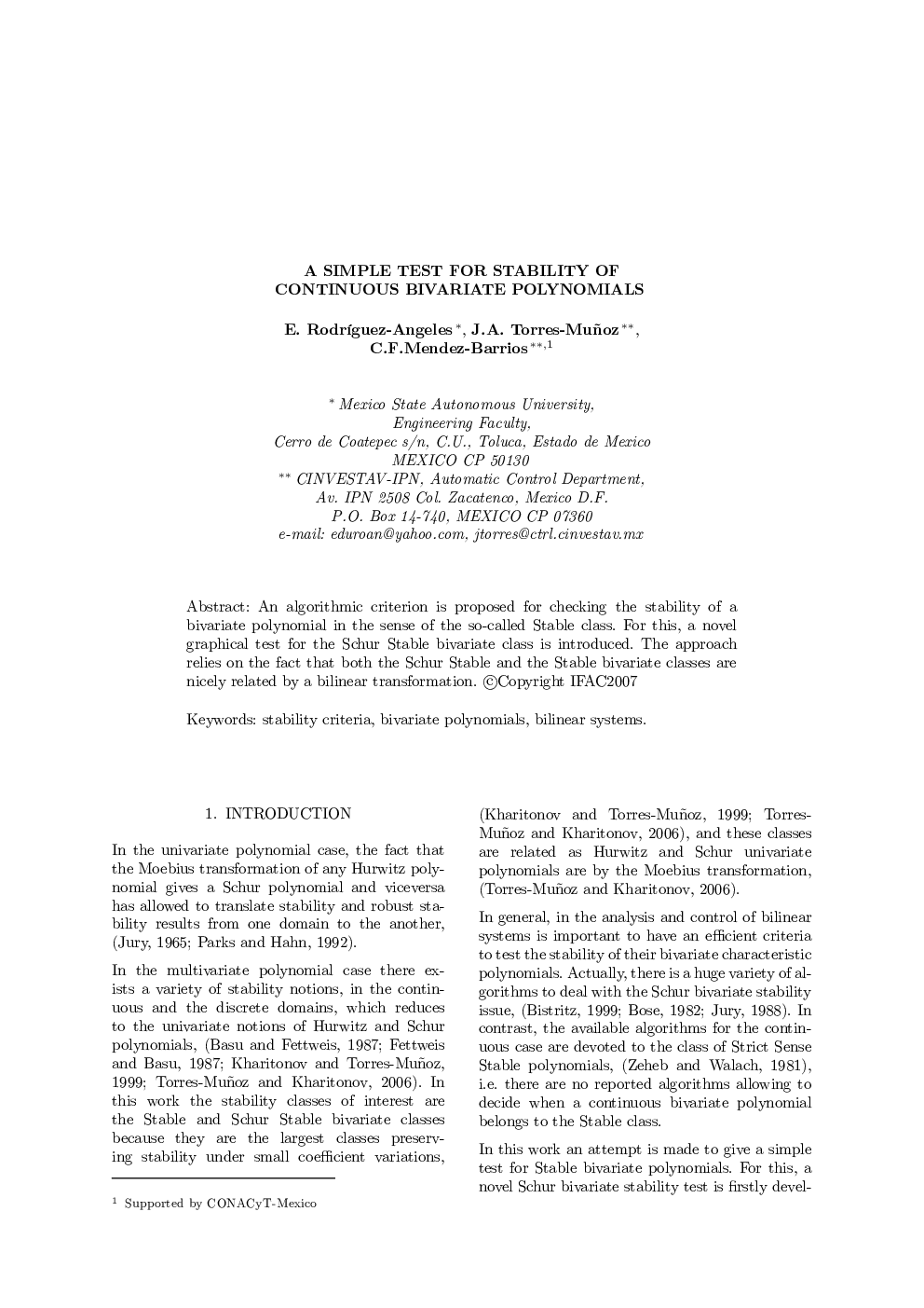 A SIMPLE TEST FOR STABILITY OF CONTINUOUS BIVARIATE POLYNOMIALS