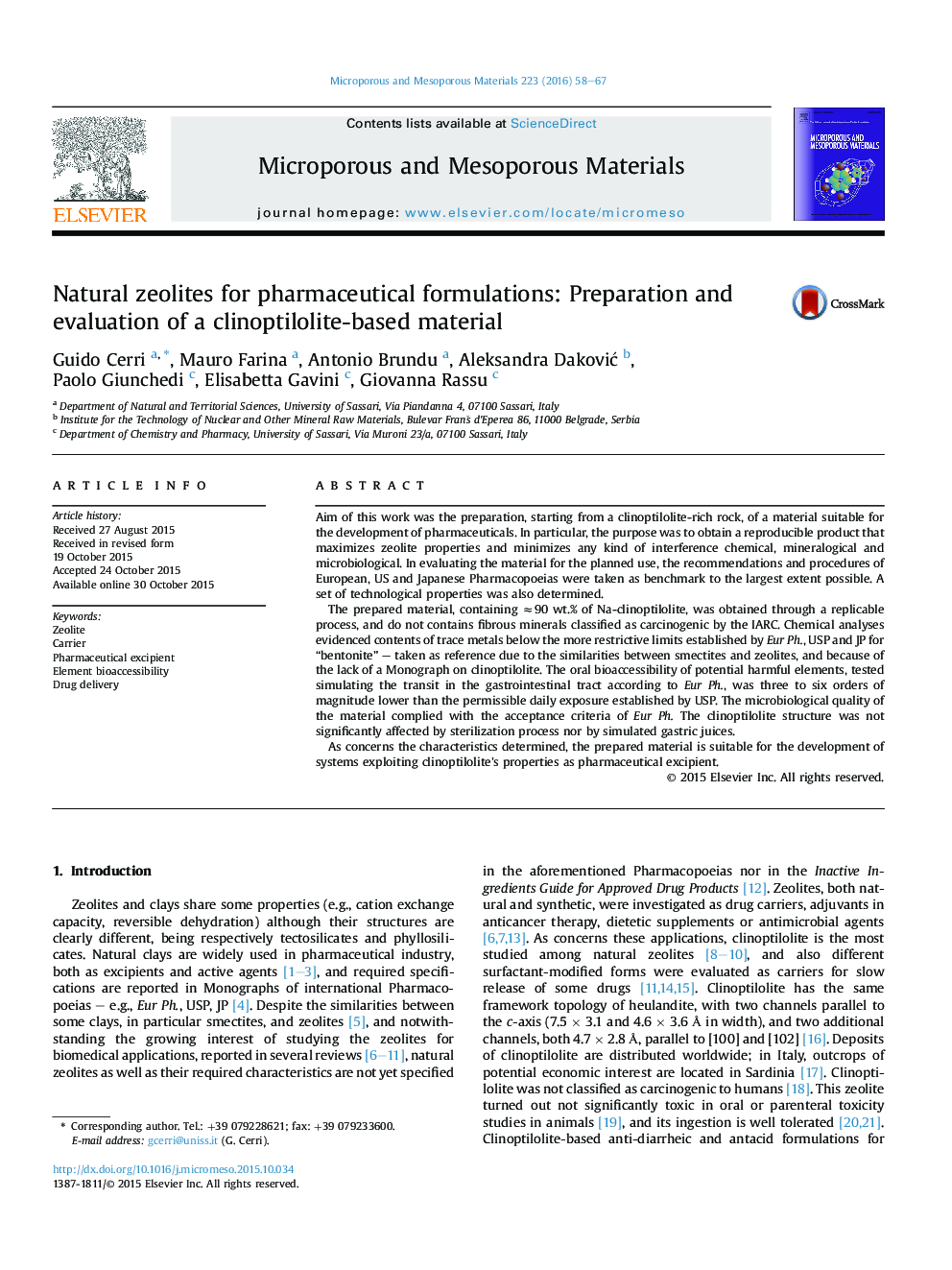 زئولیت های طبیعی برای فرمول های دارویی: تهیه و ارزیابی مواد کلینوپتیلولیت 