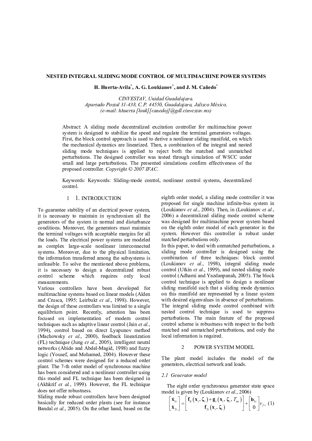 NESTED INTEGRAL SLIDING MODE CONTROL OF MULTIMACHINE POWER SYSTEMS