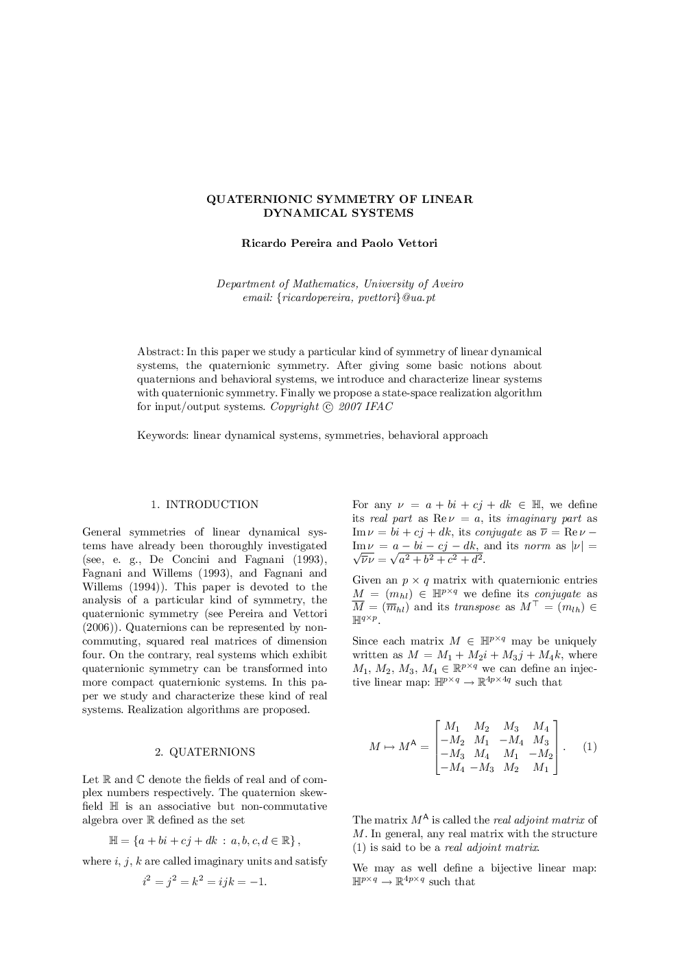 عکس صفحه اول مقاله: QUATERNIONIC SYMMETRY OF LINEAR DYNAMICAL SYSTEMS QUATERNIONIC SYMMETRY OF LINEAR DYNAMICAL SYSTEMS