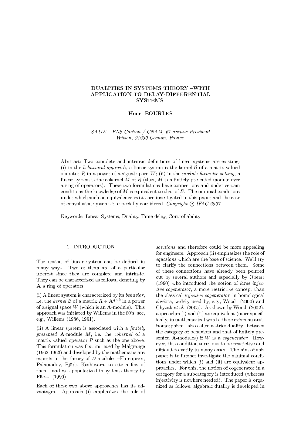 DUALITIES IN SYSTEMS THEORY –WITH APPLICATION TO DELAY-DIFFERENTIAL SYSTEMS