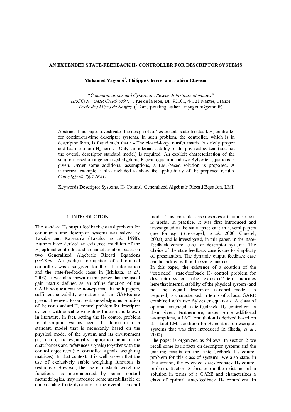 AN EXTENDED STATE-FEEDBACK H2 CONTROLLER FOR DESCRIPTOR SYSTEMS
