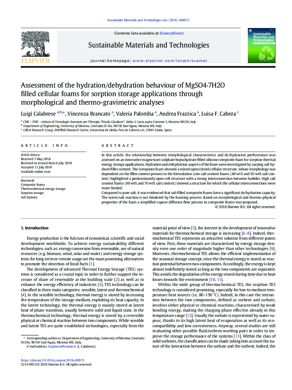 Assessment of the hydration/dehydration behaviour of MgSO4â7H2O filled cellular foams for sorption storage applications through morphological and thermo-gravimetric analyses