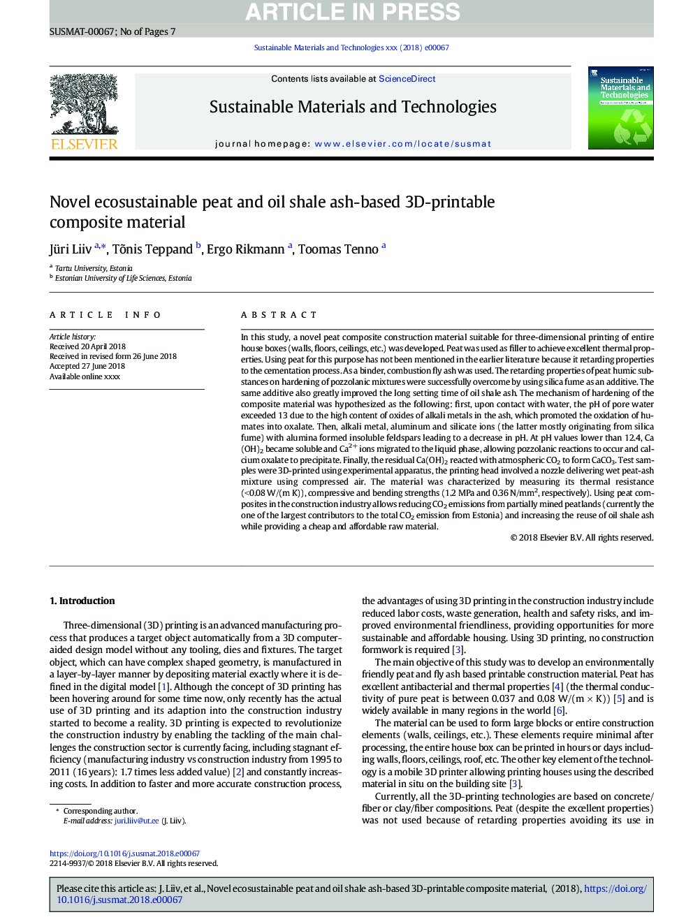 Novel ecosustainable peat and oil shale ash-based 3D-printable composite material