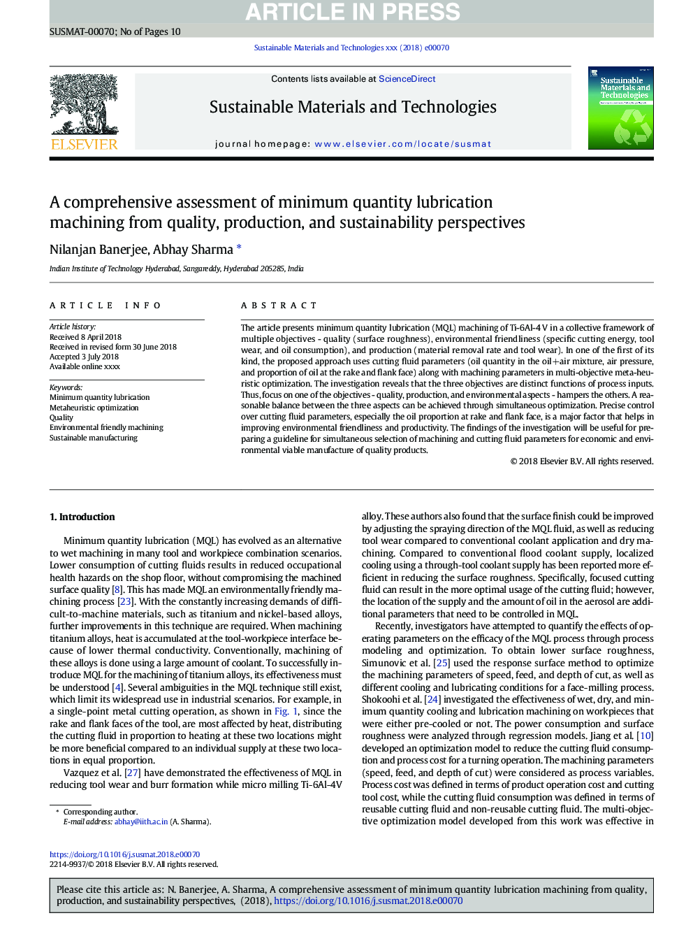 A comprehensive assessment of minimum quantity lubrication machining from quality, production, and sustainability perspectives