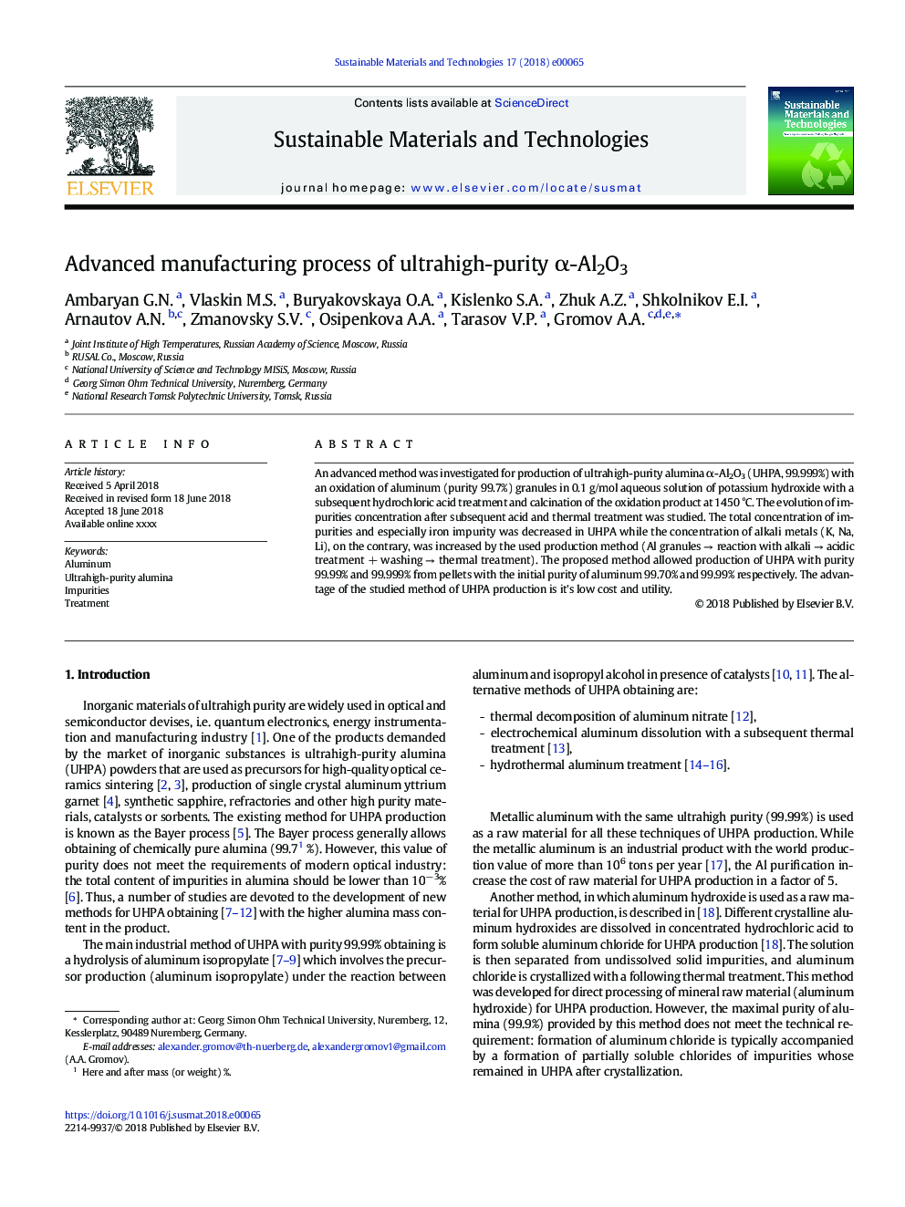 Advanced manufacturing process of ultrahigh-purity Î±-Al2O3