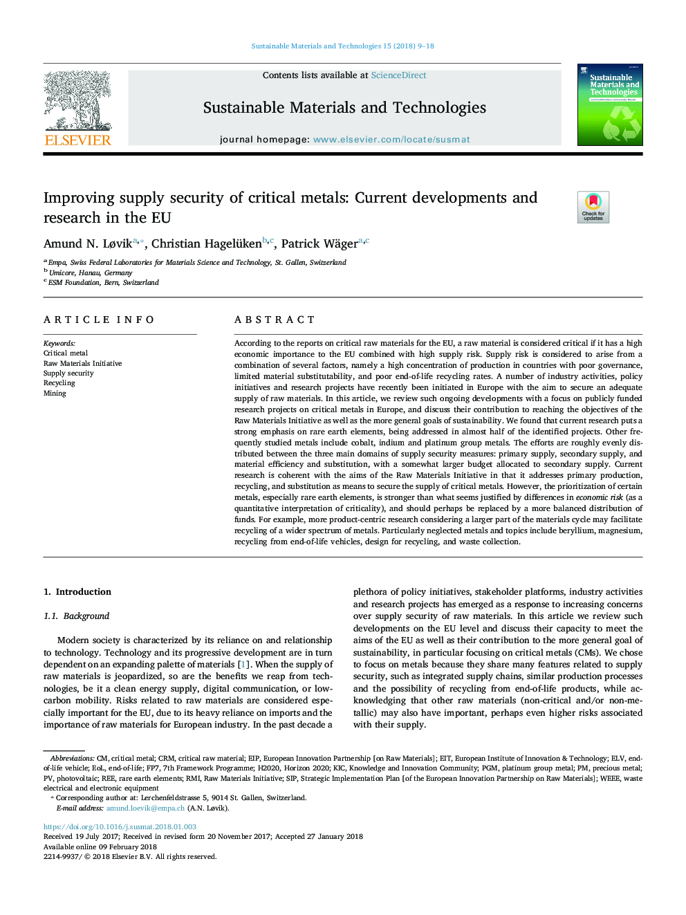 Improving supply security of critical metals: Current developments and research in the EU