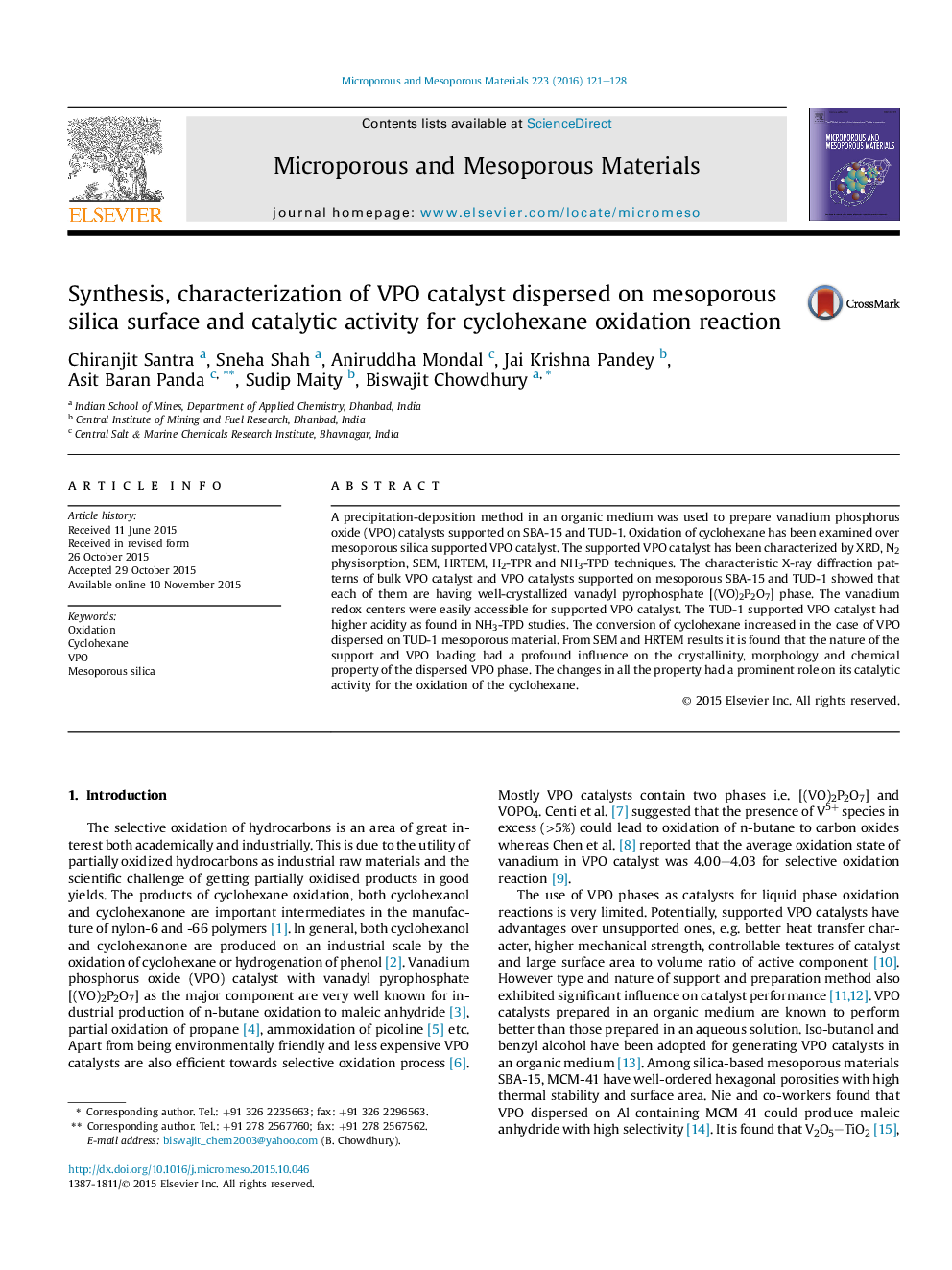 Synthesis, characterization of VPO catalyst dispersed on mesoporous silica surface and catalytic activity for cyclohexane oxidation reaction