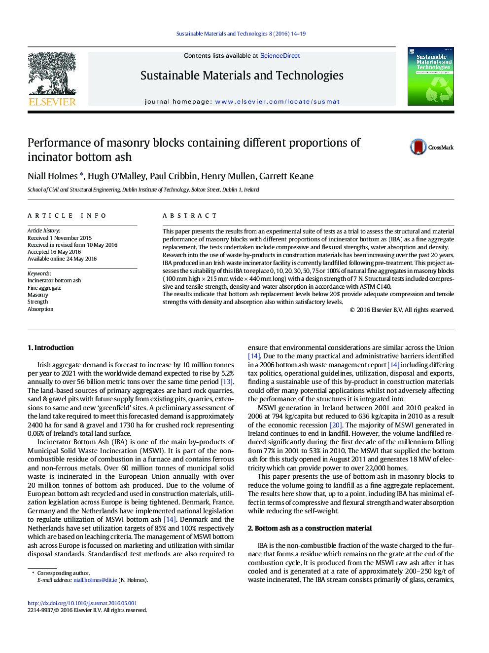 Performance of masonry blocks containing different proportions of incinator bottom ash