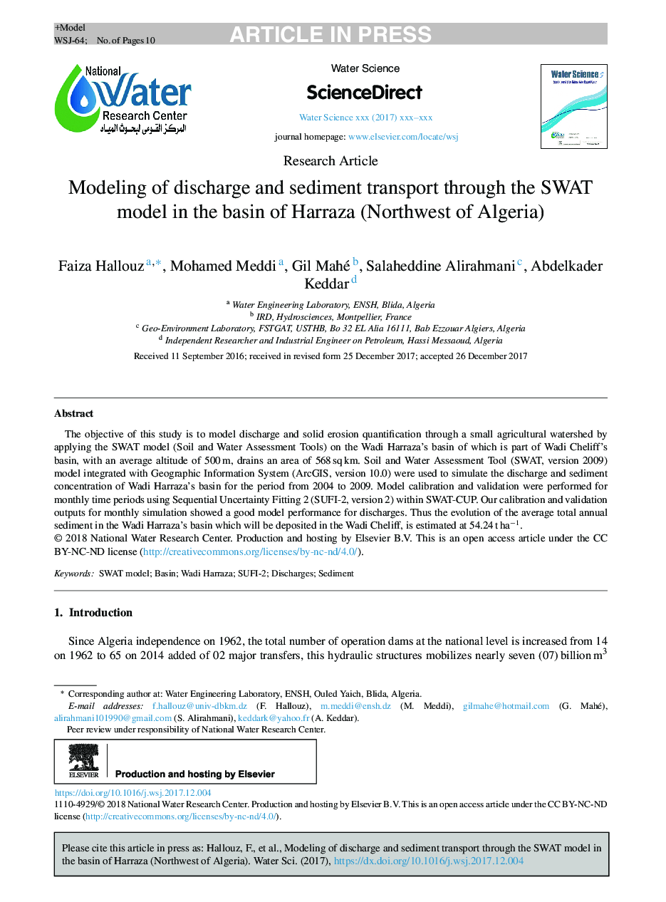 Modeling of discharge and sediment transport through the SWAT model in the basin of Harraza (Northwest of Algeria)