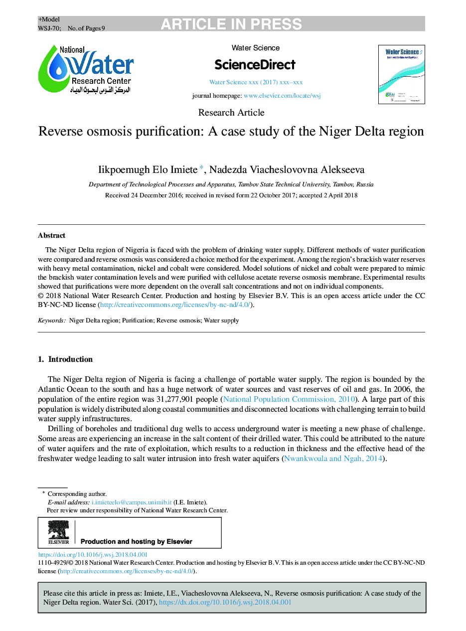 Reverse osmosis purification: A case study of the Niger Delta region