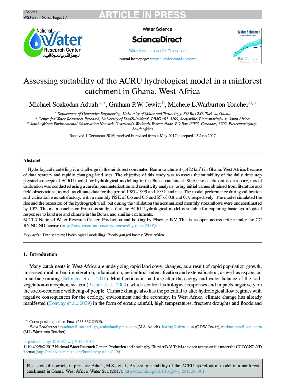 Assessing suitability of the ACRU hydrological model in a rainforest catchment in Ghana, West Africa