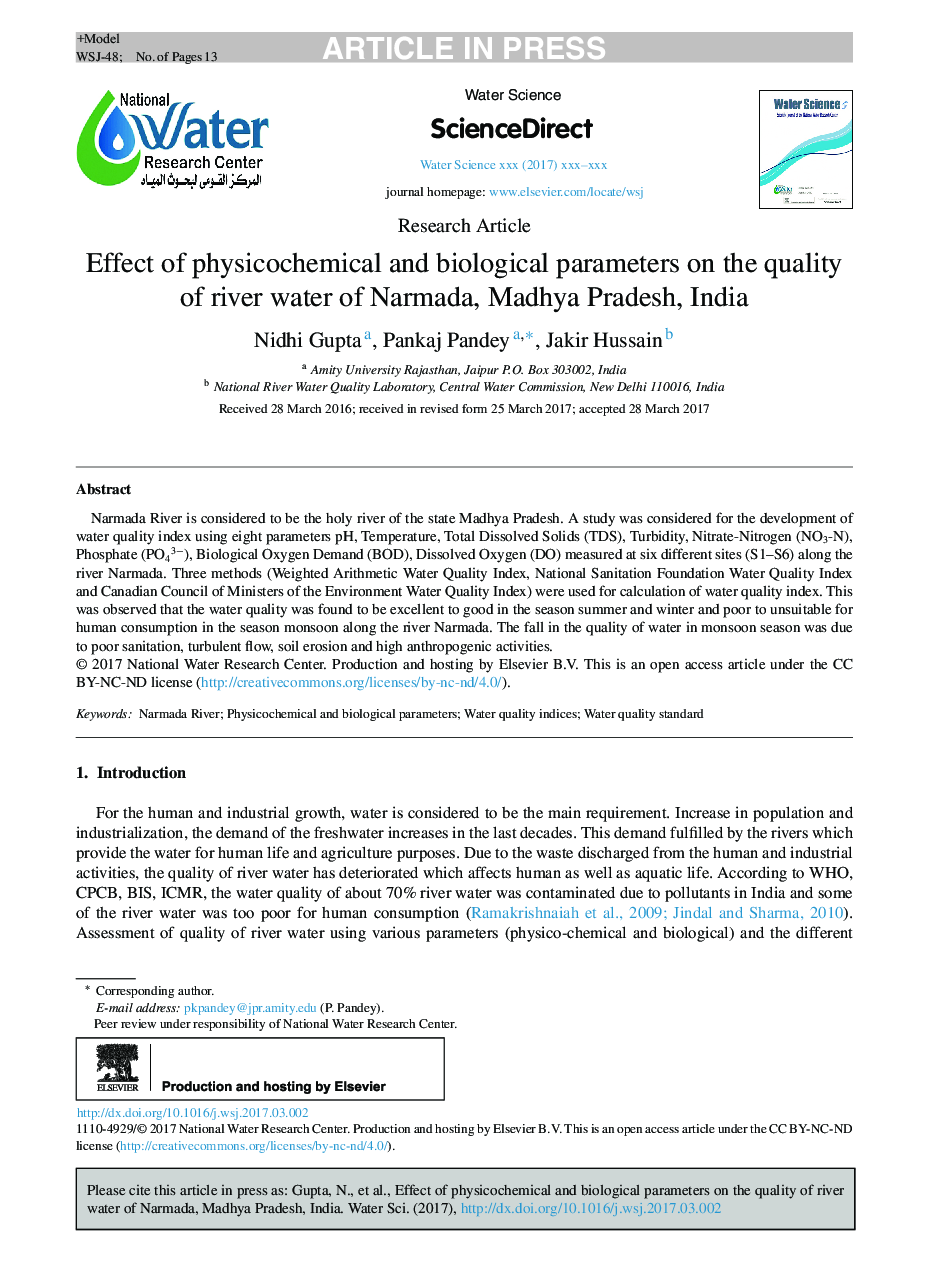 Effect of physicochemical and biological parameters on the quality of river water of Narmada, Madhya Pradesh, India