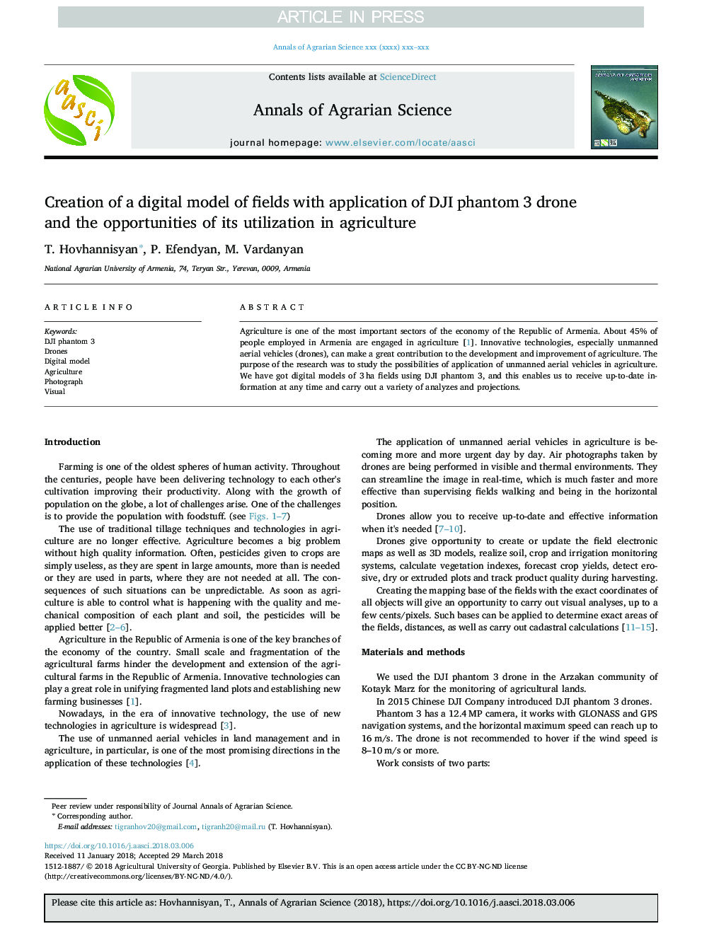 Creation of a digital model of fields with application of DJI phantom 3 drone and the opportunities of its utilization in agriculture