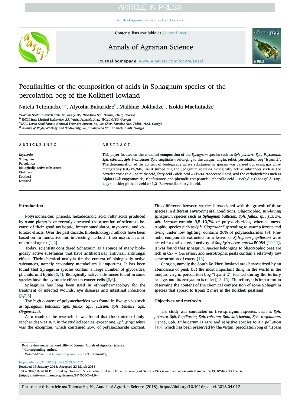 Peculiarities of the composition of acids in Sphagnum species of the percolation bog of the Kolkheti lowland
