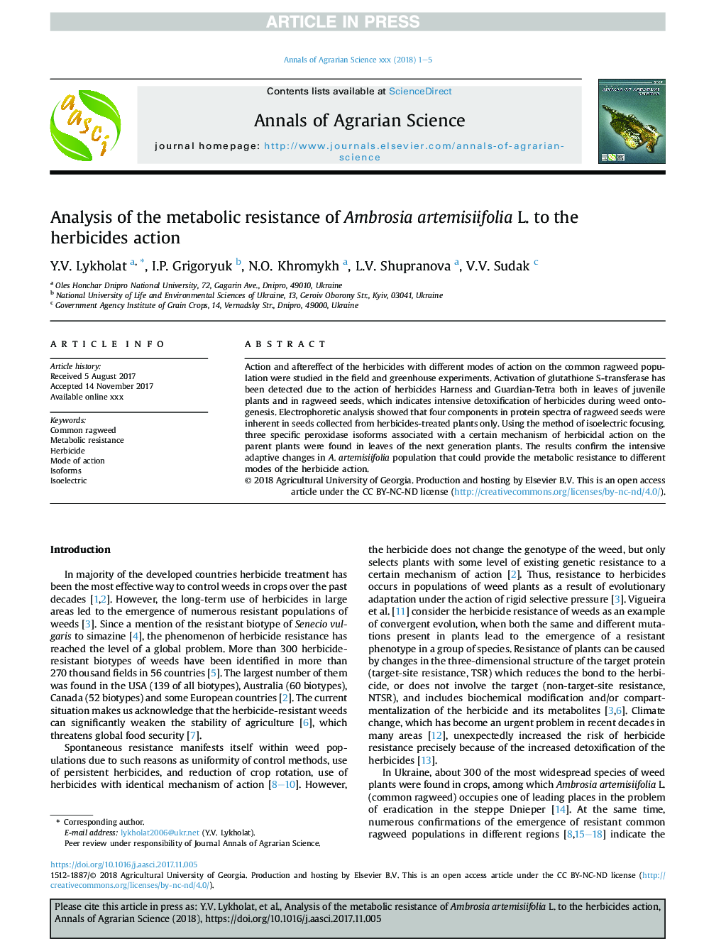 Analysis of the metabolic resistance of Ambrosia artemisiifolia L. to the herbicides action
