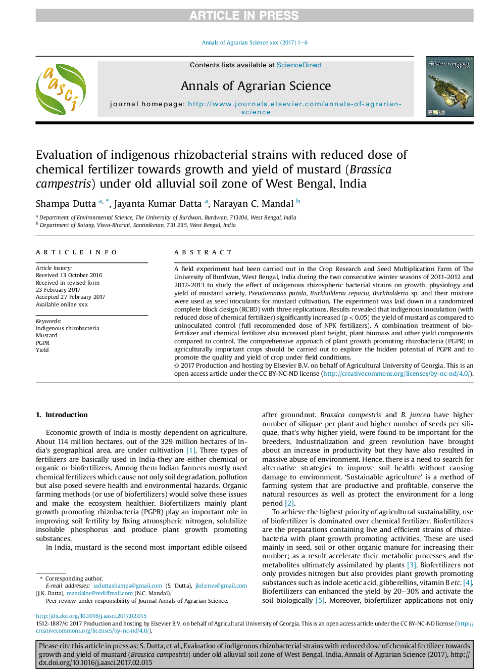 Evaluation of indigenous rhizobacterial strains with reduced dose of chemical fertilizer towards growth and yield of mustard (Brassica campestris) under old alluvial soil zone of West Bengal, India