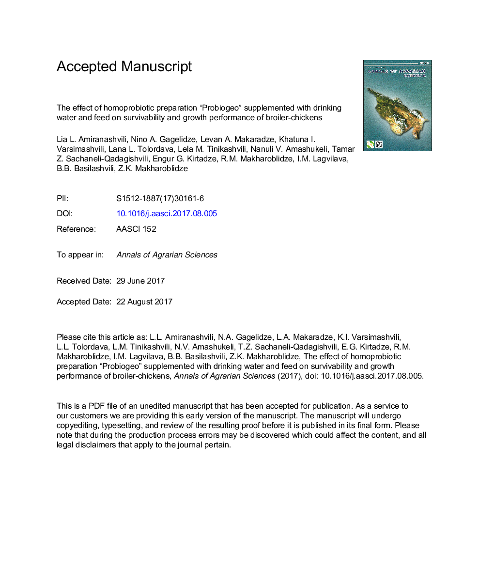 The effect of homoprobiotic preparation “Probiogeo” supplemented with drinking water and feed on survivability and growth performance of broiler-chickens