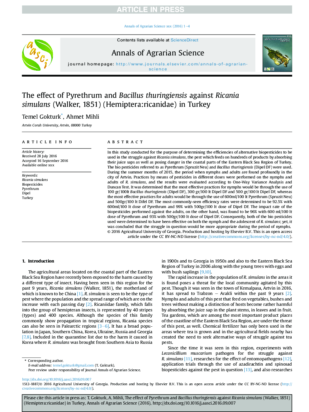 The effect of Pyrethrum and Bacillus thuringiensis against Ricania simulans (Walker, 1851) (Hemiptera:ricanidae) in Turkey