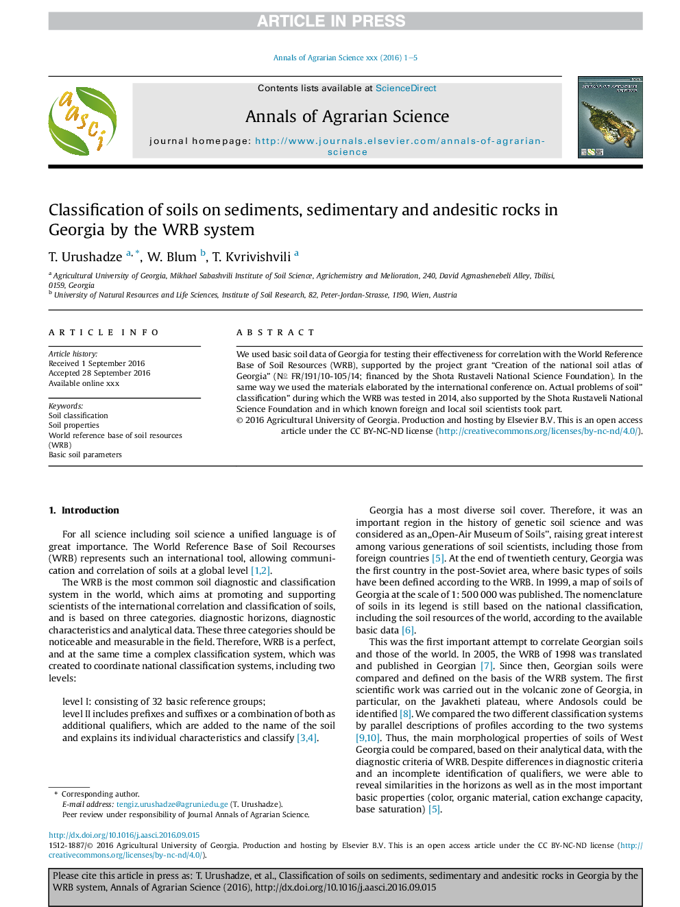 Classification of soils on sediments, sedimentary and andesitic rocks in Georgia by the WRB system