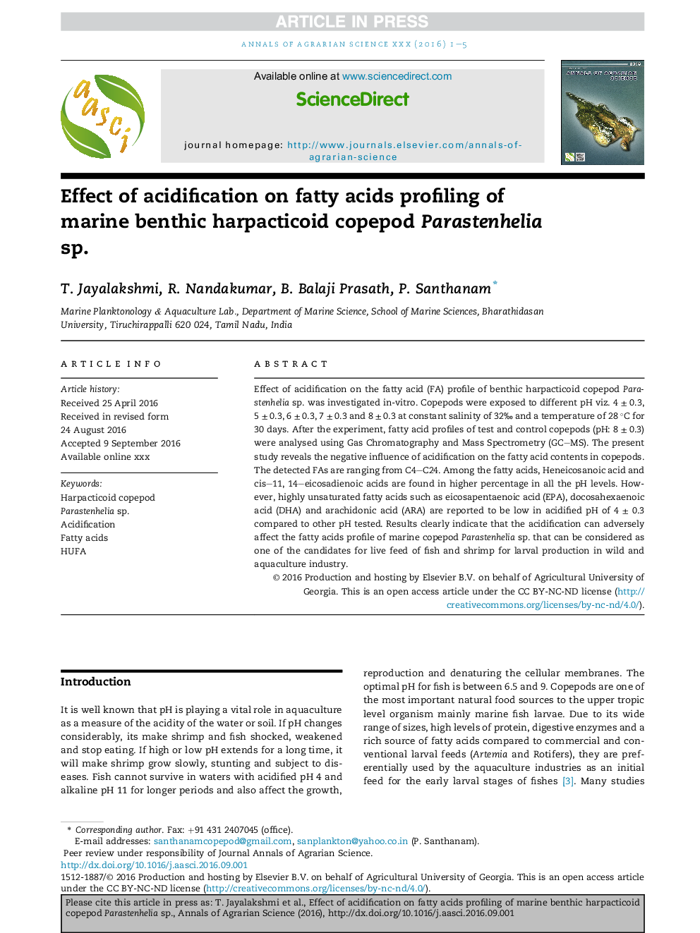 Effect of acidification on fatty acids profiling of marine benthic harpacticoid copepod Parastenhelia sp.