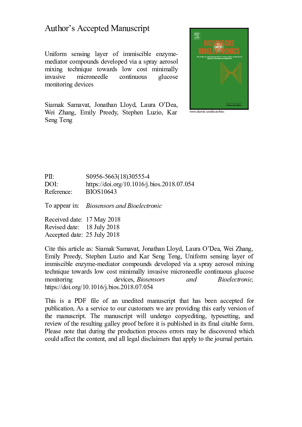 Uniform sensing layer of immiscible enzyme-mediator compounds developed via a spray aerosol mixing technique towards low cost minimally invasive microneedle continuous glucose monitoring devices