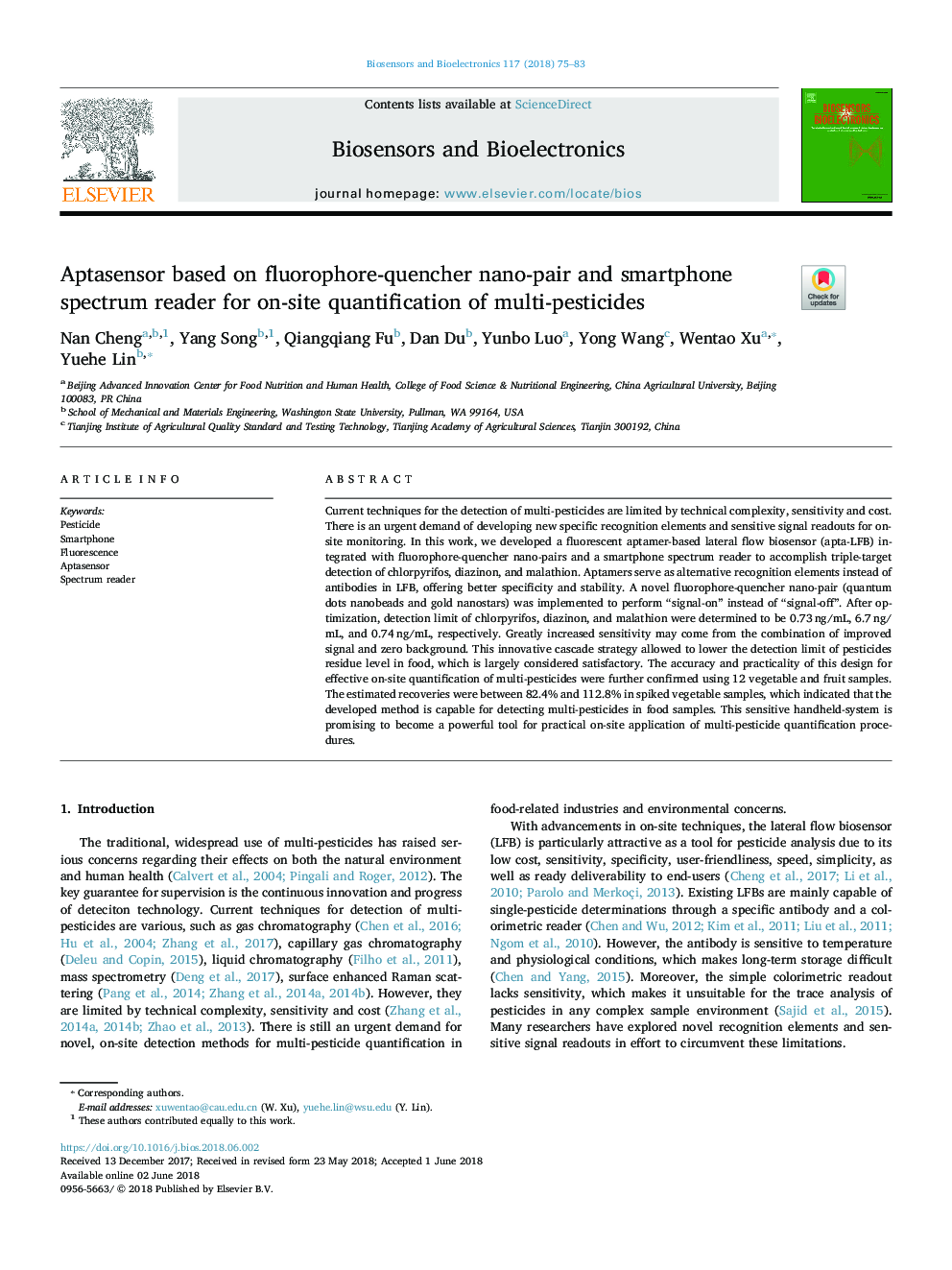 Aptasensor based on fluorophore-quencher nano-pair and smartphone spectrum reader for on-site quantification of multi-pesticides