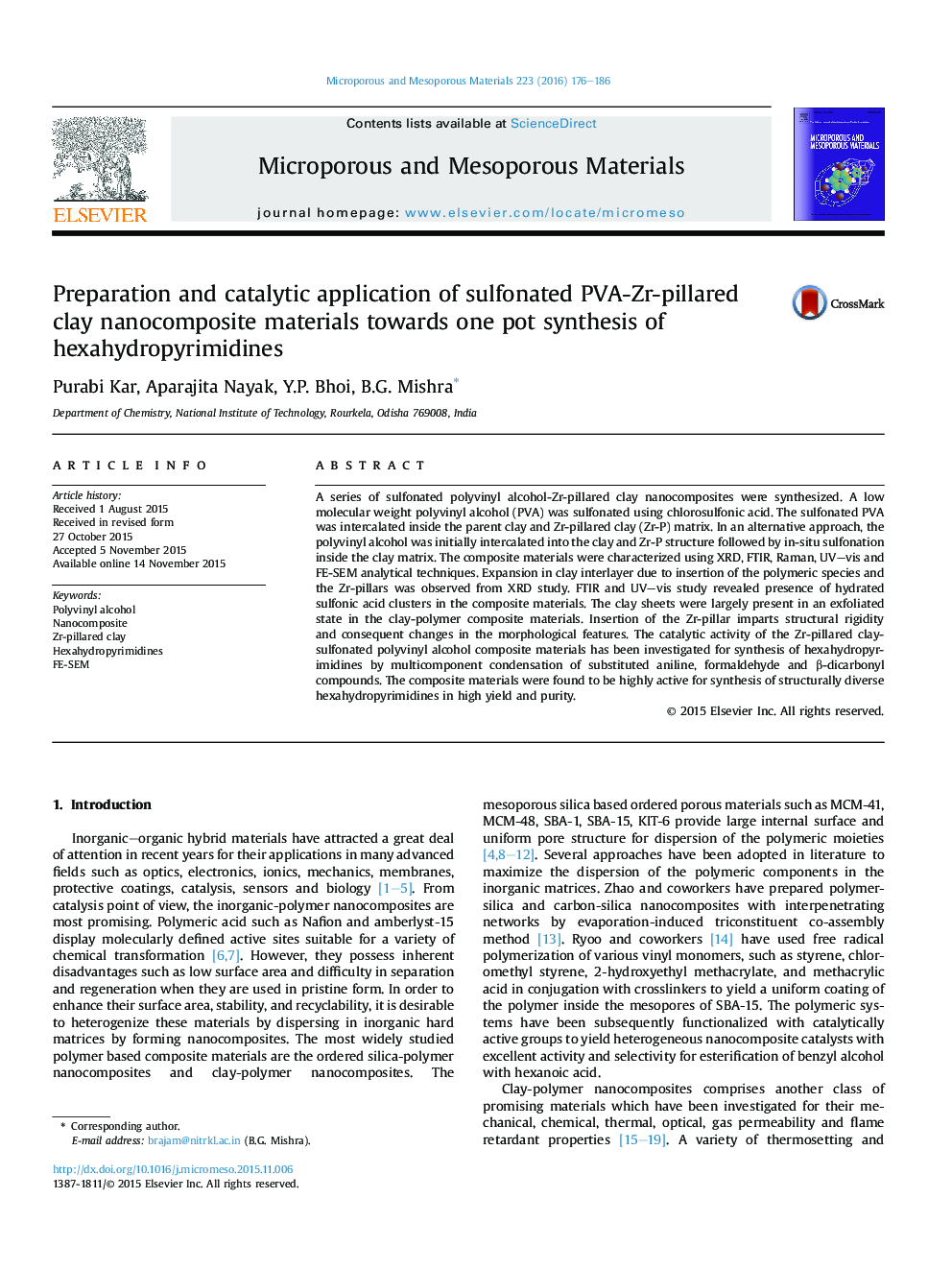 Preparation and catalytic application of sulfonated PVA-Zr-pillared clay nanocomposite materials towards one pot synthesis of hexahydropyrimidines