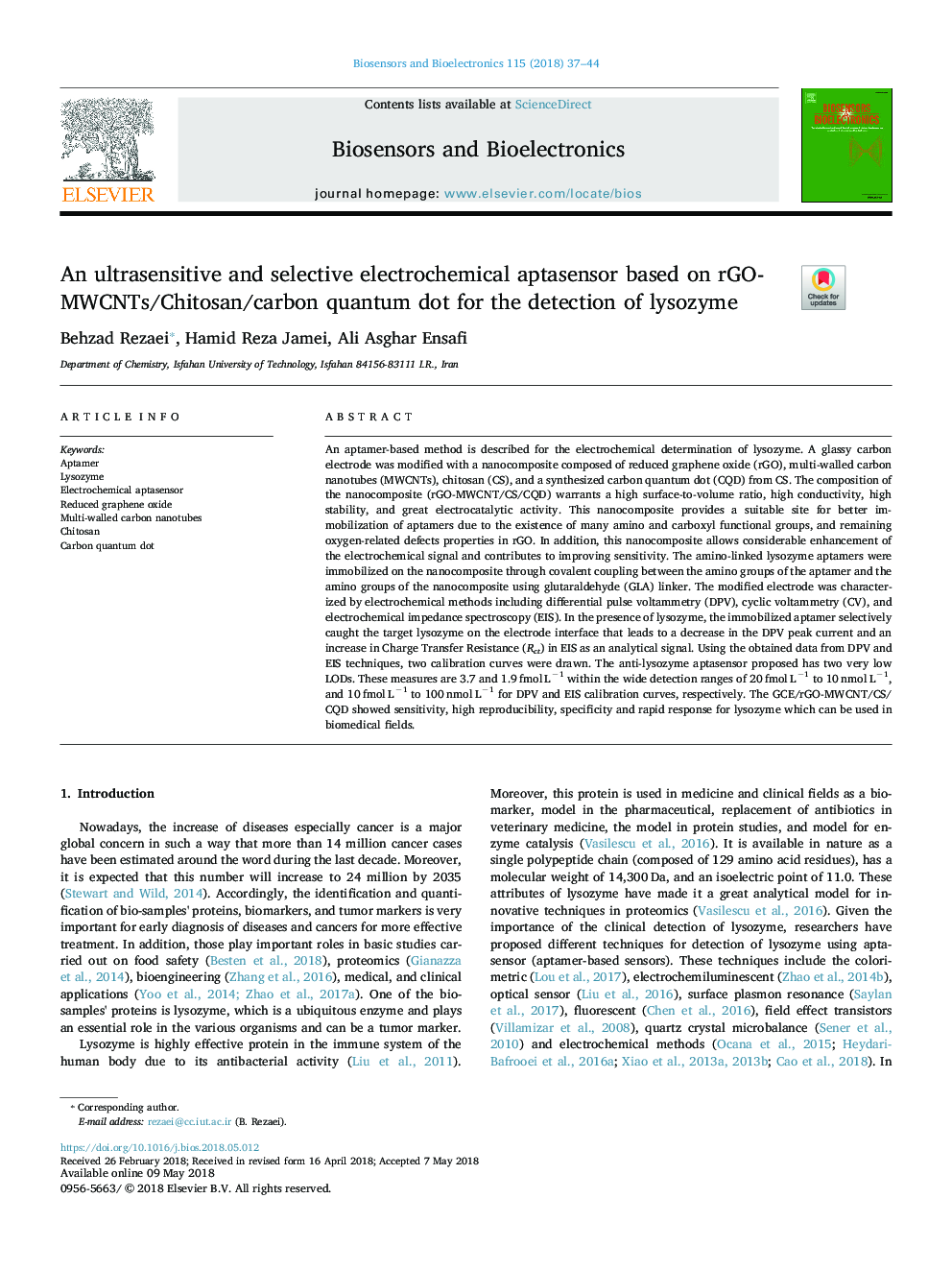 An ultrasensitive and selective electrochemical aptasensor based on rGO-MWCNTs/Chitosan/carbon quantum dot for the detection of lysozyme