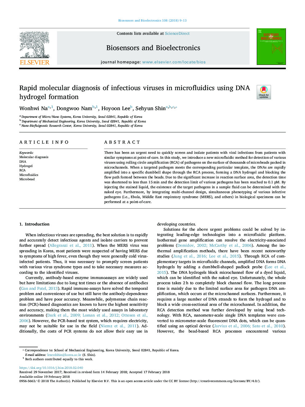 Rapid molecular diagnosis of infectious viruses in microfluidics using DNA hydrogel formation