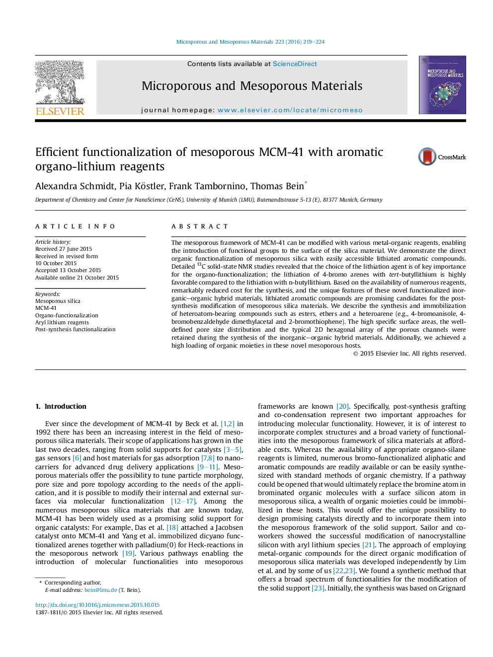 Efficient functionalization of mesoporous MCM-41 with aromatic organo-lithium reagents