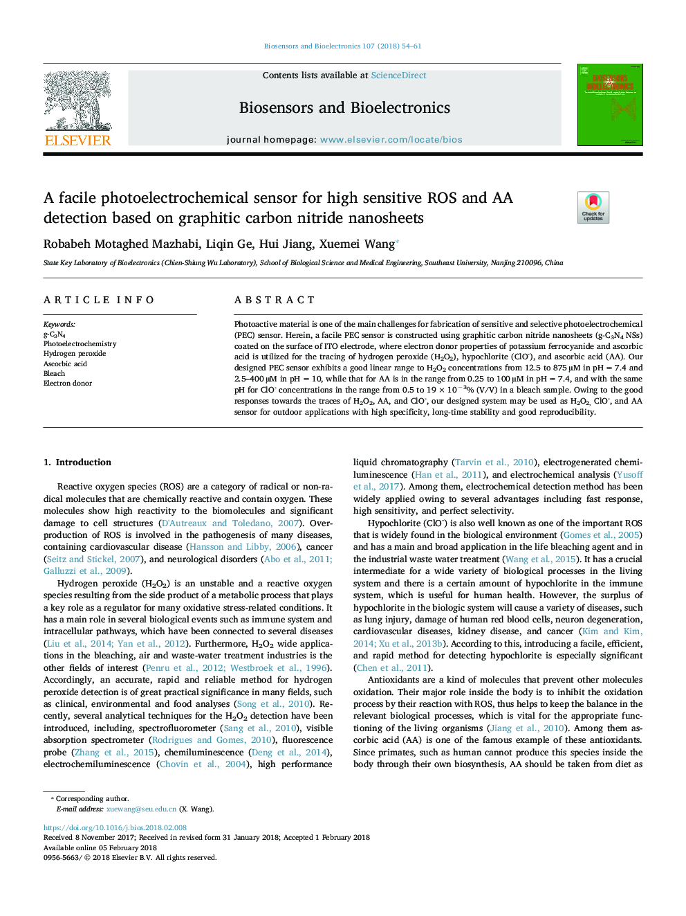 A facile photoelectrochemical sensor for high sensitive ROS and AA detection based on graphitic carbon nitride nanosheets