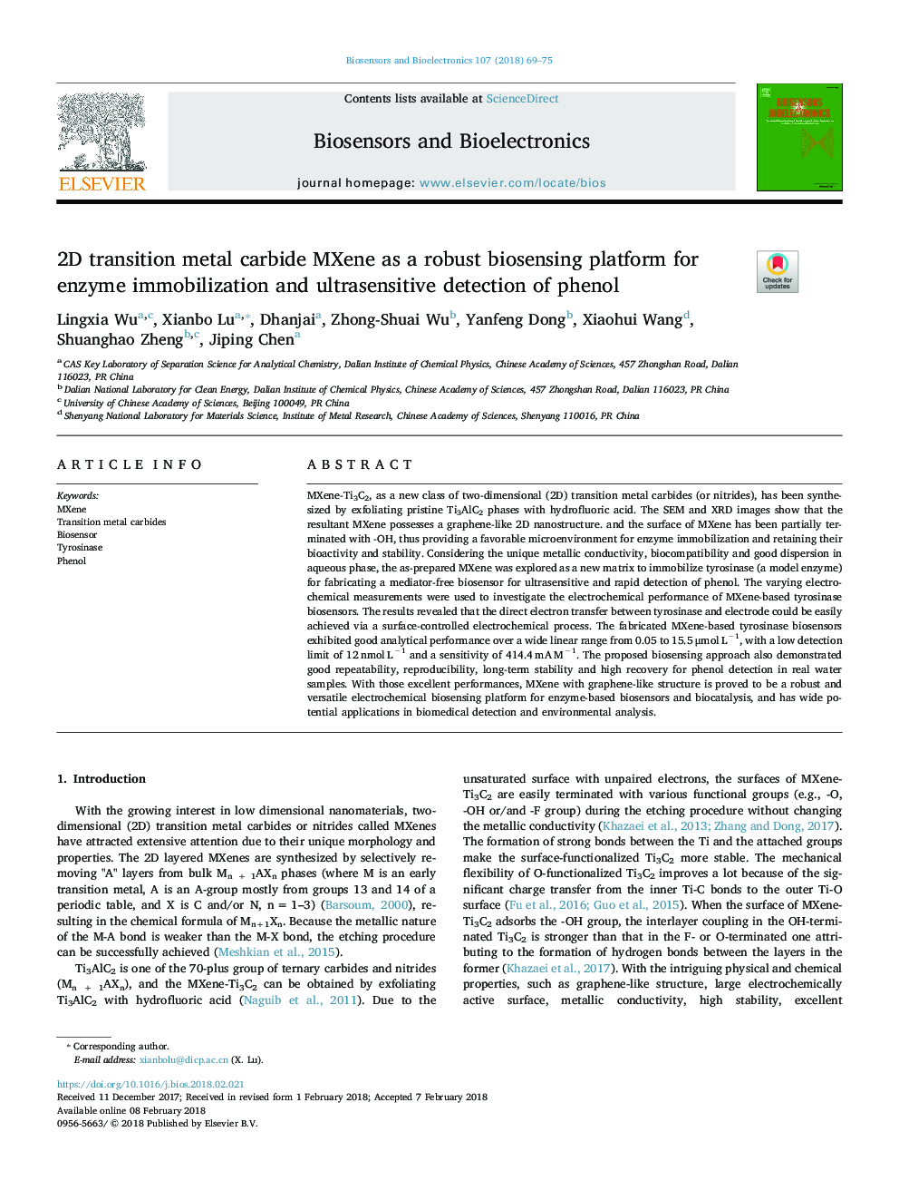 2D transition metal carbide MXene as a robust biosensing platform for enzyme immobilization and ultrasensitive detection of phenol